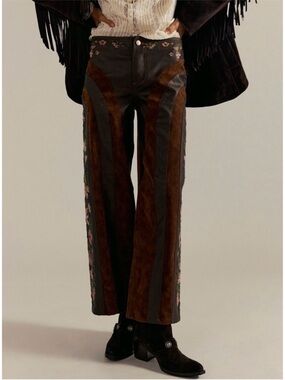 Free People We The Free Belle Embroidered Vegan Pants Shaved Chocolate Brown NWT